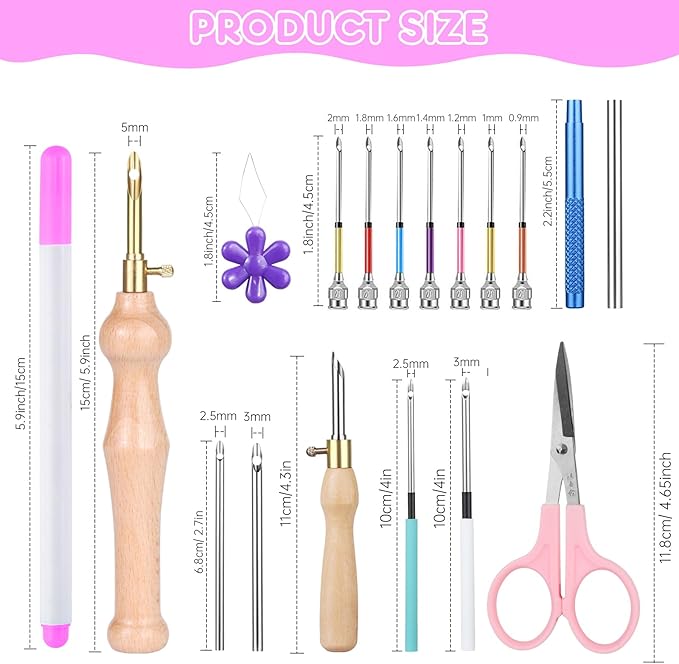 MSDADA 29PC Punch Needle Kit for Adults Beginner, Adjustable Punch Needle Tool with Different Size Needles, Wooden Handle Embroidery Pen Set, Perfect for Gifts, Decoration & DIY Craft Project