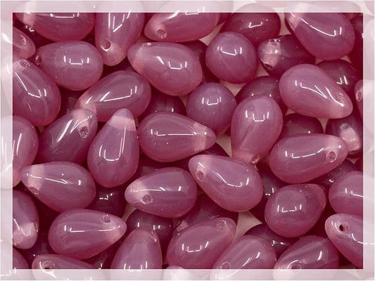 Czech 50-Piece Glass Beads, 6x9mm, Teardrop Opal Dark Pink