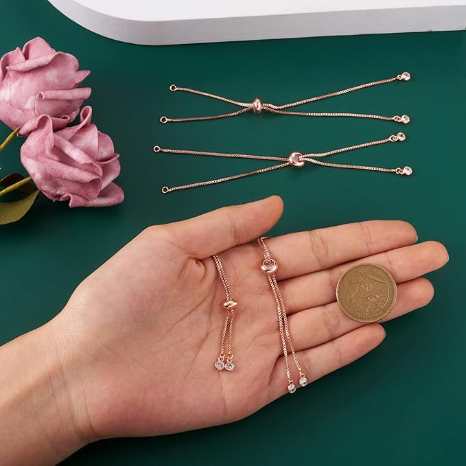 FASHEWELRY 20 Strands Adjustable Brass Bracelet Slider Extender Chains with Rhinestone Ends 4.72-4.96 Inch Real Rose Gold Plated for DIY Jewelry Making