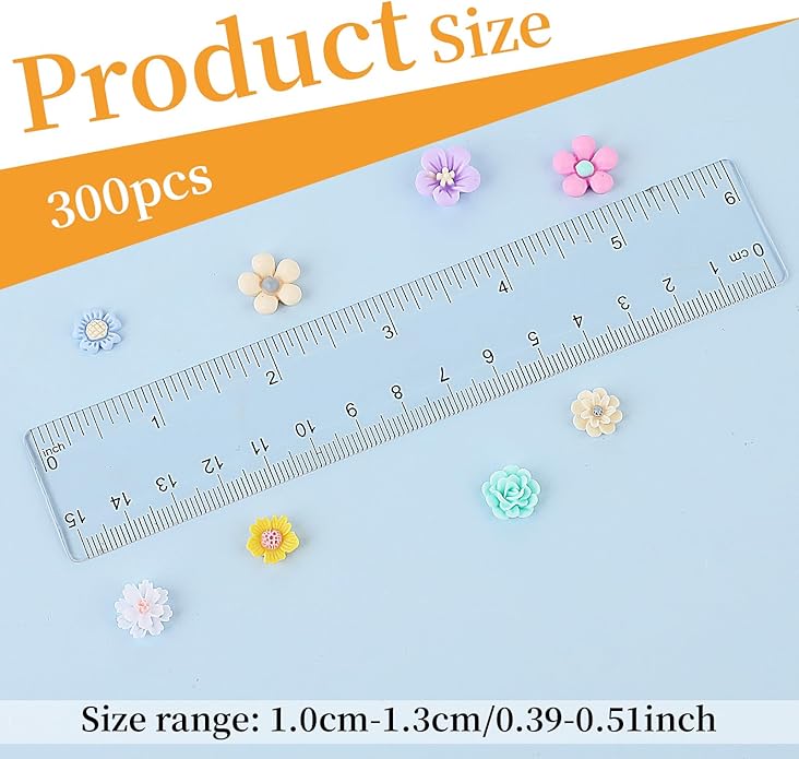 300PCS Flower Resin Charms Mini Cabochons Flatback Flower Beads Charms Mixed Colors Embellishment Tiny Flowers for Jewelry Making DIY Craft Scrapbooking Decor Cardmaking Phone Hair Accessories
