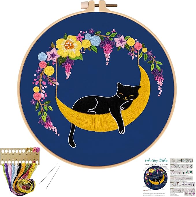 Louise Maelys Cat Moon Embroidery kit for Beginners,Cross Stitch Kits for Adult Including Cloth,Hoop, Color Threads,Needles and Instruction