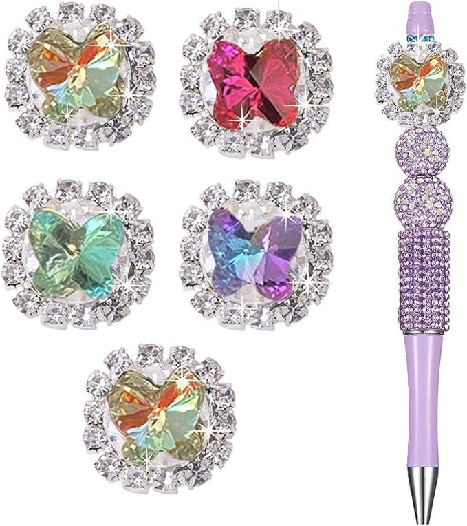 5pcs Rhinestone Handcrafted Beads, Sparkling Diamond Flower Pen Focal Interval Bead String Ballpoint Pen,DIY Craft Ballpoint Pen Jewelry Bracelet, Necklace, Keychain Making (Round Crystal)