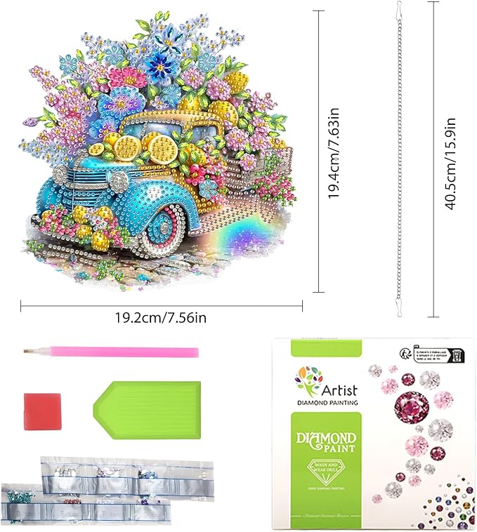 Lxmsja DIY Retro Truck Diamond Painting Hanging Ornament, Double-Sided Acrylic Lemons and Flowers Diamond Art Kit, Special Shaped Suncatcher Hanging Pendant Window Art Kit