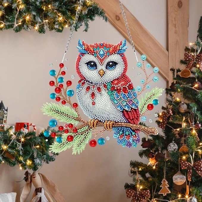 SHLUHA Diamond Art Kits for Adults Diamond Art Christmas Owl Design Special Shape Acrylic Hanging Pendant Crystal Mosaic Home Wall Door Window Decor with Chain Handmade Christmas Gift(LL075)