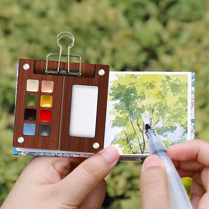Mini Travel Watercolor Paint Set - Wooden Palette Box with 8 Colors Watercolor Paint, 300GSM Watercolor Notebook, Water Brush Pen & Clip, Pocket Watercolor Kit Mini Paint Set for Adults Artists Students Beginners