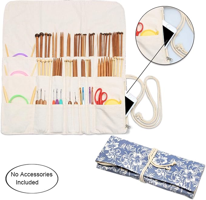 Teamoy Knitting Needles Holder Case(up to 14 Inches), Rolling Organizer for Straight and Circular Knitting Needles, Crochet Hooks and Accessories, Blue Flowers - NO Accessories Included