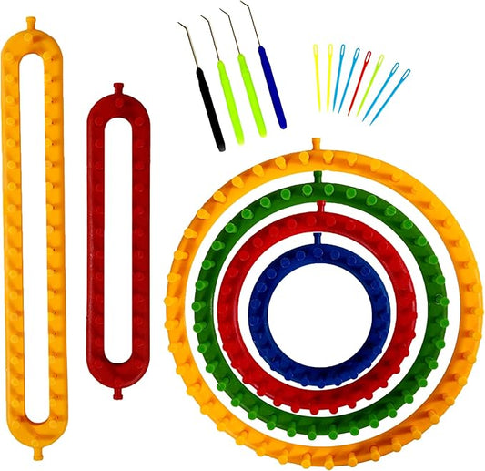 olikraft knitting loom kit - 4 round, 2 rectangular yarn looms - chunky blanket loom - for crochet, hat, scarf