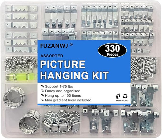 330pc Picture Hanging Kit - Wall Hangers, Nails, Wire, Screw Eyes, D Rings & Tool for Frame & Canvas Mounting