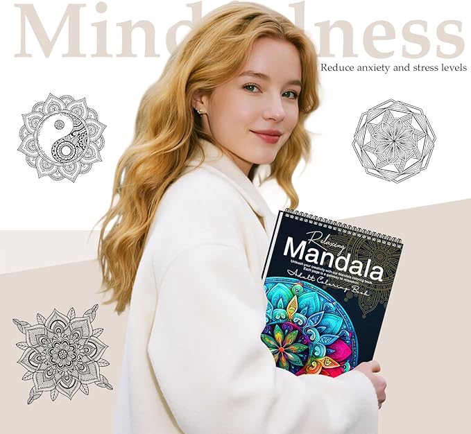 Mandala Coloring Book for Adults Women Relaxation, Adult Coloring Book for Women Relaxation with 50 Patterns, Hardback Covers Thick Paper Spiral Bound Hand-Drawn Design Gift for Stress Relief