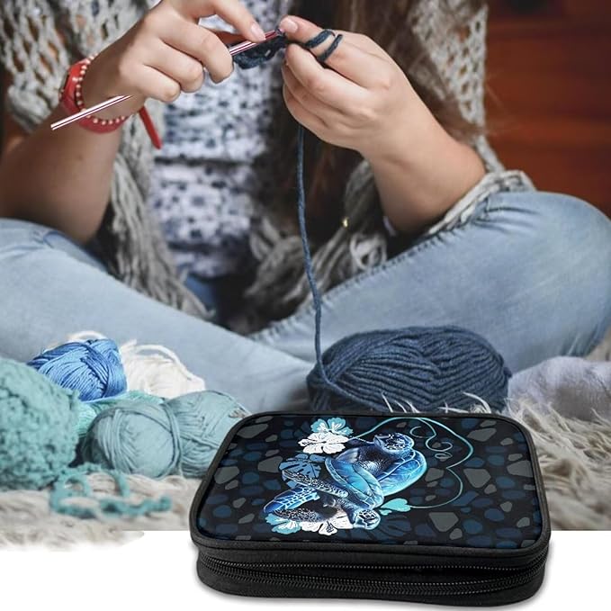 Hechitok Turtle Flower Crochet Hook Case, Zipper Storage Organizer Bag with Web Pockets for Crochet Needles/Knitting Accessories/Crochet Hook Kit Tools Easy to Hold
