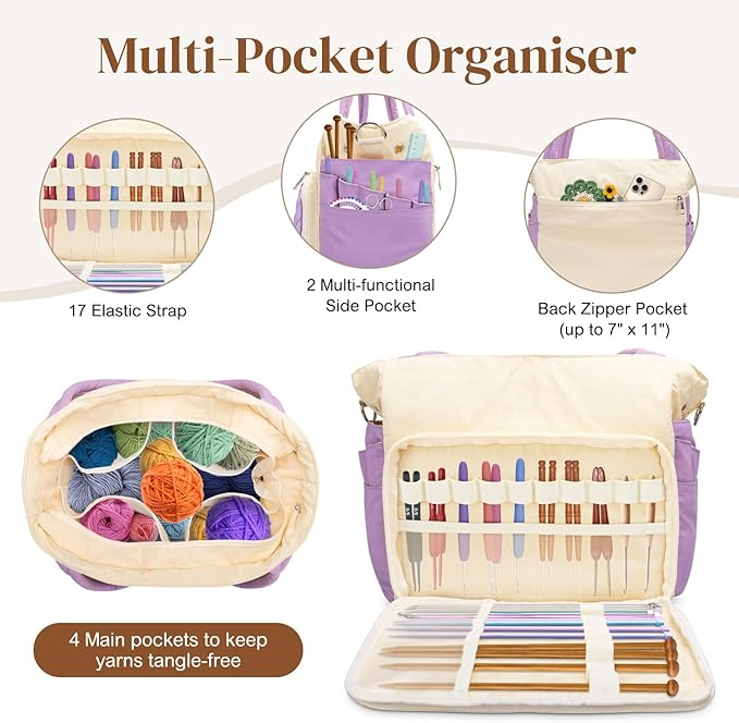 DALINDA Crochet Bag Organizer,Yarn Bag and Tote- Yarn Storage with Multiple Pockets for Crochet Supplies, Knitting Bag for gifts,Portable & Durable(Brown)