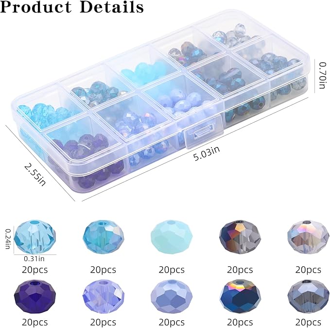 200pcs 8MM Faceted Rondelle Glass Beads for Jewelry Making, Briolette Crystal Glass Beads Plated Round Loose Spacer Beads for DIY Supplies Bracelets Necklaces Earrings (Blue)