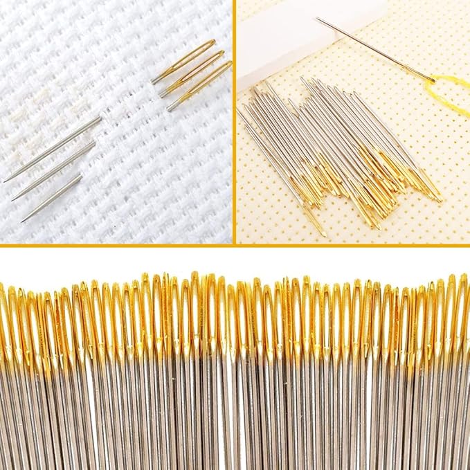 100pcs Cross Stitch Needles + 2 Needle Threader Golden Color Large Eyes Cross Stitch DIY Embroidery Hand Needles Sewing Needles in Transparent Box (26#)