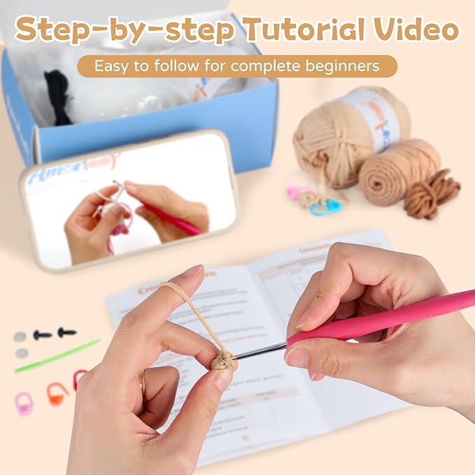Crochet Kit for Beginners – Easy-to-See Stitches Yarn, Pre-Started Piece, and Step-by-Step Video Tutorials | Starter Crochet Set with Cute Animal Pattern – Original Handmade Golden Retriever Pattern