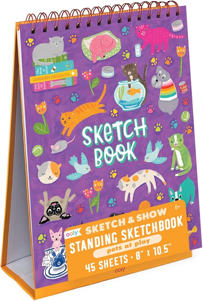 OOLY Sketch and Show Standing Sketchbook, 45 Large 10.5 x 8 Perforated Pages, 120 GSM/ 32lb Perfect for Markers and Colored Pencils - Pets at Play