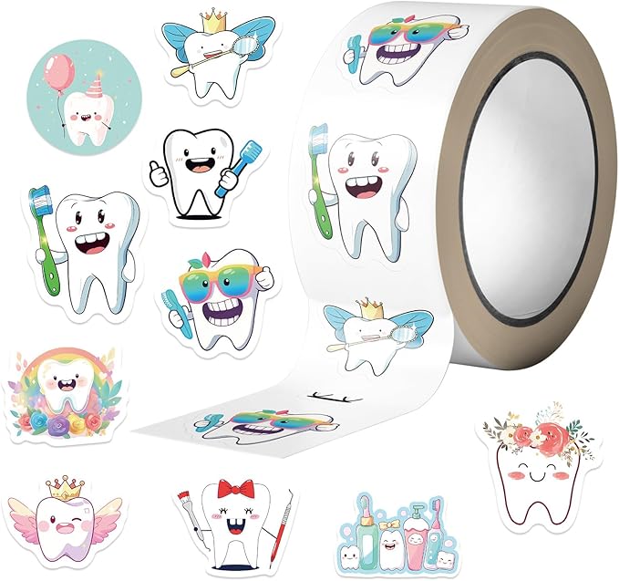 1000pcs tooth stickers roll, 2 rolls 10 styles cartoon teeth fairy sticker, dental reward stickers for dentist, classroom, scrapbooking, party favors, diy crafts