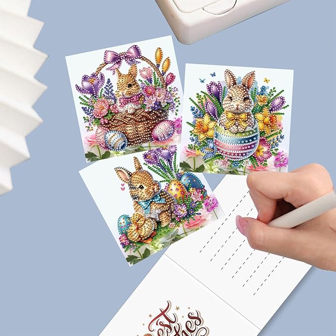 YOKUSHI 12 PCS Easter Diamond Art Painting Greeting Cards, Rabbit Craft DIY Card Making Kits for Adults Gifts (Easter)