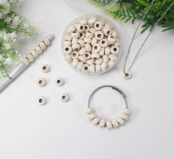PAMIR TONG Large Hole Turquoise White Beads for Bracelet 100pcs European Gemstone Beads Howlite Rondelle Space Craft Beads for Pens-DIY Charms-Jewelry Making (White Large Beads)