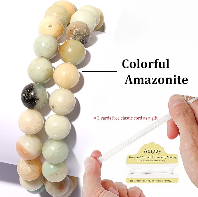 10mm Natural Colorful Amazonite Round Bead - 35PCS Bulk Gemstone Beads for Jewelry Making, DIY Bracelets, Necklaces - Includes Crystal Stretch Cord - Stone Beads for Crafting Gifts