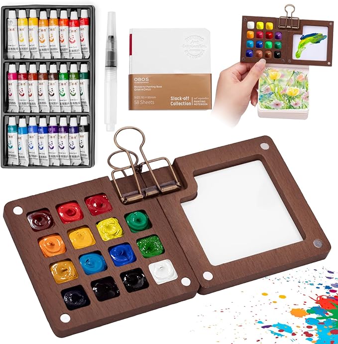 Mini Watercolor Paint Set, Mini Paint Palette Travel Kit, Pocket Artist Watercolor Travel Set Colors, Sketchbook, Brush, Metal Clip, for Beginners, Artists, Enthusiasts (15 Grids, 24 Colors)