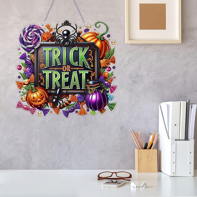 VODAPYC Halloween Diamond Art Hanging Kits for Adults, DIY Double Sided Special Shaped Diamonds Art Window Pendant Ornament for Home Decor(Trick or Treat)