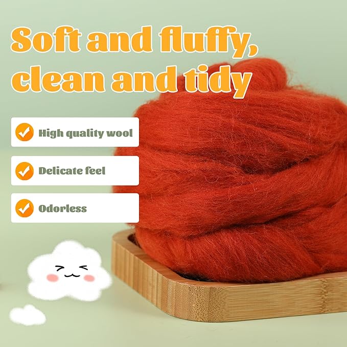 3.53oz Wool Roving, Fiber Roving Wool Top, Pure Wool, Chunky Yarn, Spinning Wool Roving for Needle Felting Wet Felting DIY Hand Spinning (red-Brown)