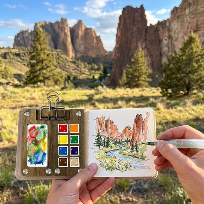 Mini Travel Watercolor Paint Set, All‑In‑One Portable Pocket Paint Kit with Walnut Wood Palette, 24 Watercolor Colors, 3 Water Brushes, Chinese Calligraphy Brush, Sketchbook and Organizer Pouch, Gift for Beginners and Art Lovers