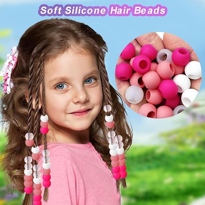 120Pcs 14mm Large Silicone Beads for Hair Braids, Soft Jellyish Hair Beads with 7mm Hole + 50 Rubber Bands and 1 Beader for Braiding, DIY Bracelets Necklaces Crafts(Rose Red)