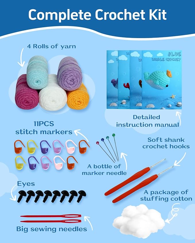 Fortilo Crochet Kit for Beginners 4PCS Colored Whale Crochet Animals with Step-by-Step Video Tutorials 30% Extra Yarn, Perfect for Gifts, Emotional Support, Ideal Knitting Kit for Adults, Kids