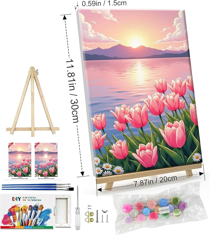ATDMS Paint by Numbers Kit for Adults with Frame Flowers Adult Paint by Number Kits Framed Canvas Seaside Sunset Paint by Number with Easel DIY Mountain Oil Painting kits for Home Wall Decor 8x12 Inch