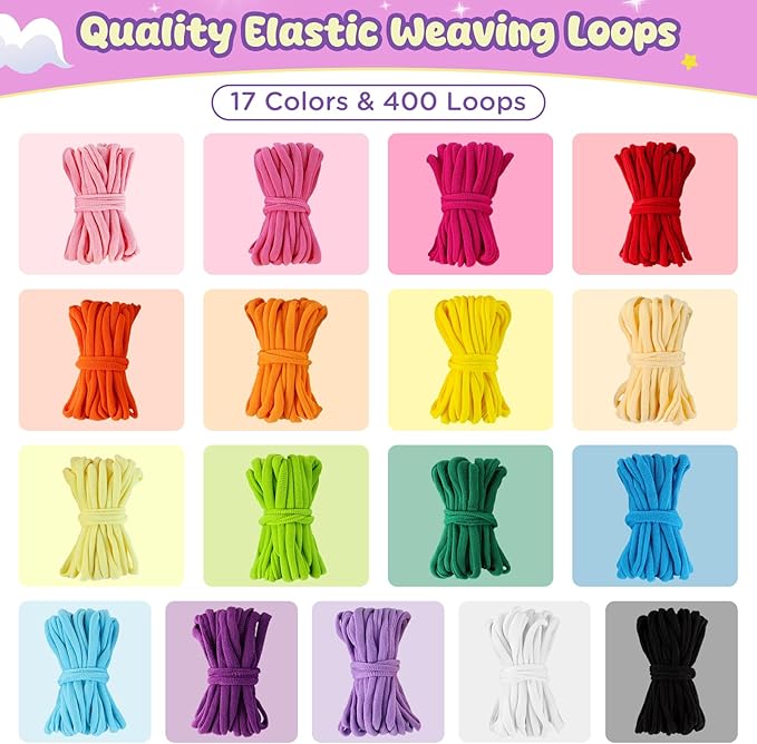 Zefy 400 Pcs Weaving Loom Kit Toys, 17 Colors Loom Loops with 11 PCs Wooden Rings, Rainbow Loops Making Potholder Loom Knitting Crafts Easter Gifts for Kids Girls Adults