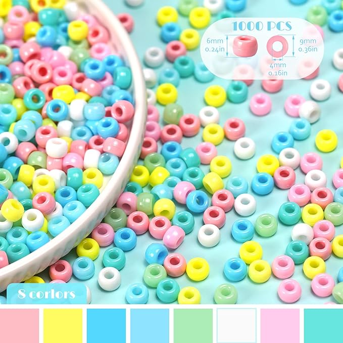 Pastel Pony Beads 1000+pcs, Easter Color Acrylic Kandi Bead Refill Plastic Colored Bead Teal Spring Pony Beads for DIY Crafts Braids Bracelets Mixed Macaron Color Jewelry Making Crafts DIY Projects