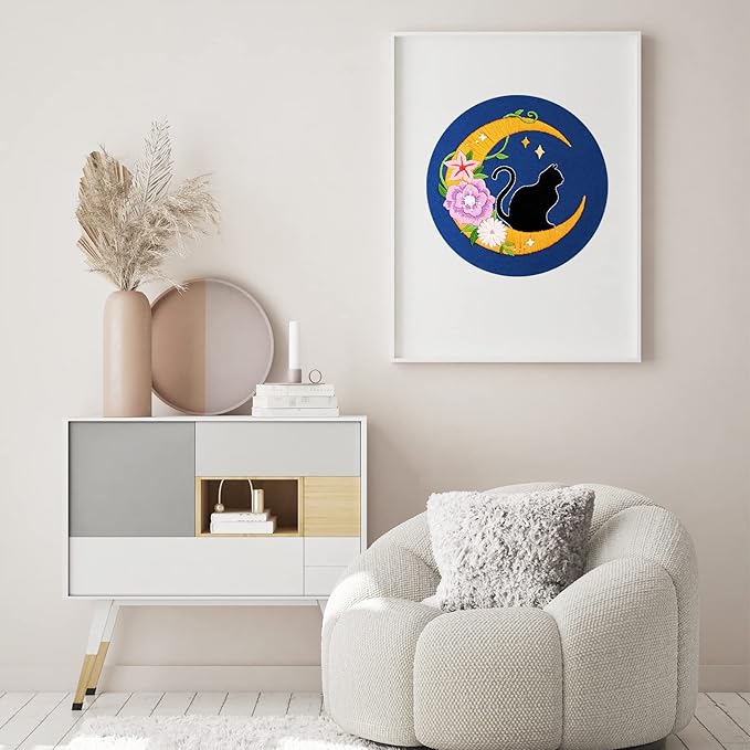 Louise Maelys Cat Moon Embroidery Kits for Beginners with Floral Pattern,Adults Starter Cross Stitch Kit DIY Needlepoint