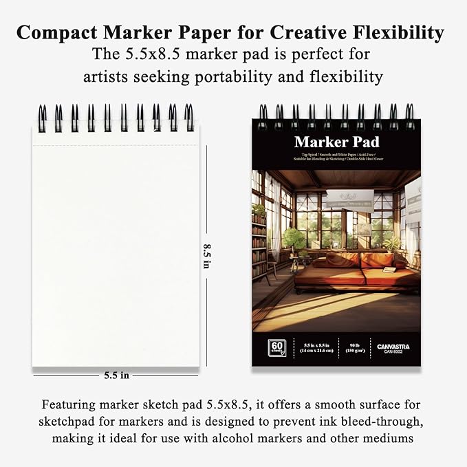 canvastra marker sketchbook 5.5x8.5, small marker paper pad, 90lb/150gsm paper for markers, 60 sheets sketch pad for alcohol markers, christmas gifts for grandkids.