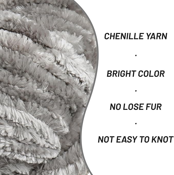 Fuzzy Chunky Chenille Yarn for Crocheting，Soft Plush Yarns for Hand Knitting，Bulky 100 g（49.2 yd） Baby Blanket Yarn for Crocheting Amigurumi，Crochet Fluffy Velvet Yarns (Silver Gray)