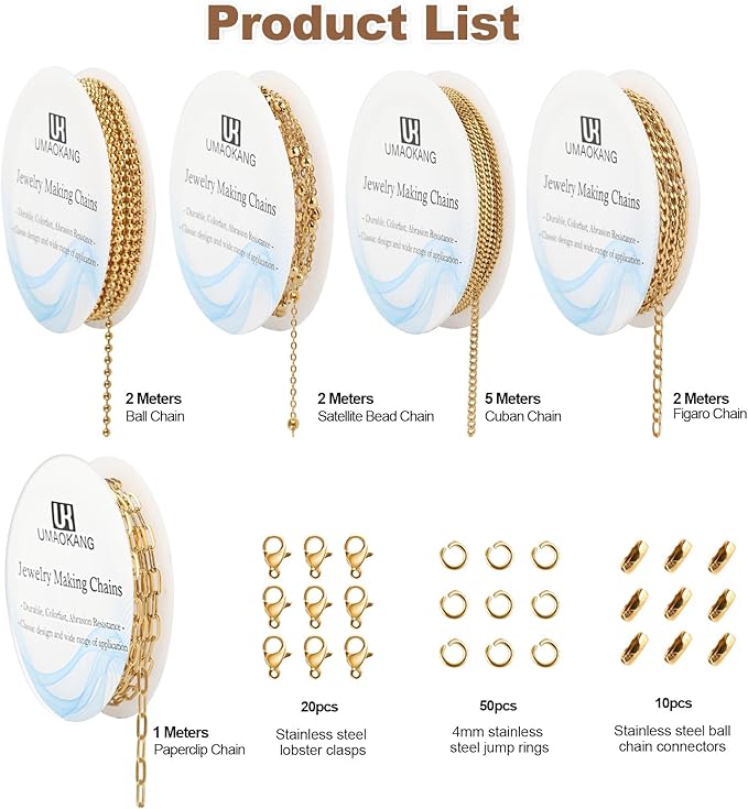 UMAOKANG 12 Meters 5 Rolls Stainless Steel Jewelry Making Chains Gold Plated Chain for Jewelry Making Jewelry Supplies Findings