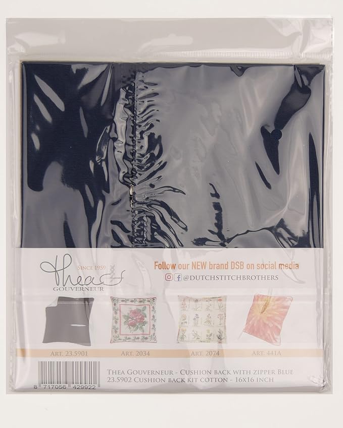Thea Gouverneur Cushion Back Kit with Zipper - Navy Blue - for Any 16x16 Inch (40x40cm) Cushion- Cross Stitch Creations - Embroidery - Embroidery Kit for Adults - 23.5902