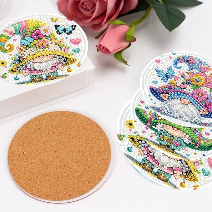 igoodom 8 Pcs Gnome Diamond Art Coasters Kit with Holder, DIY Gnome Diamond Painting Coasters for Beginners Adults, Non Slip Diamond Art Kits Craft Supplies 4x4inch