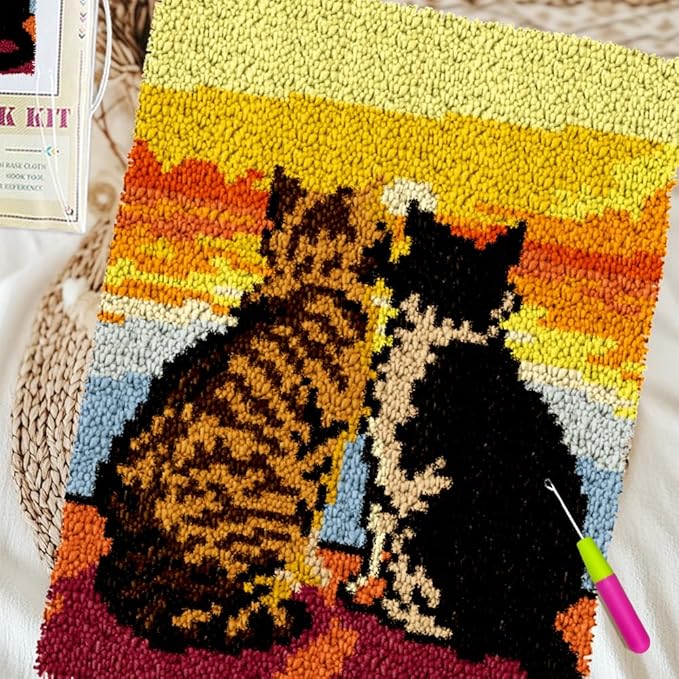 ORIGACH Cat & Sunset Latch Hook Rug Kit for Adults Printed Rug Making Kit Handmade Carpet Tapestry Cover with Hook Latch and Preprinted Canvas, Home Arts Crafts Sofa Decor, 20.5x15inch