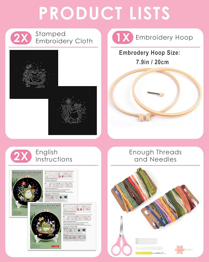 TINDTOP 2 Pack Embroidery Kit for Adult, Embroidery DIY Starter Kit, with Stamped Patterns, Hoop, Tools, Colorful Threads with Needles, Instructions (Frog)