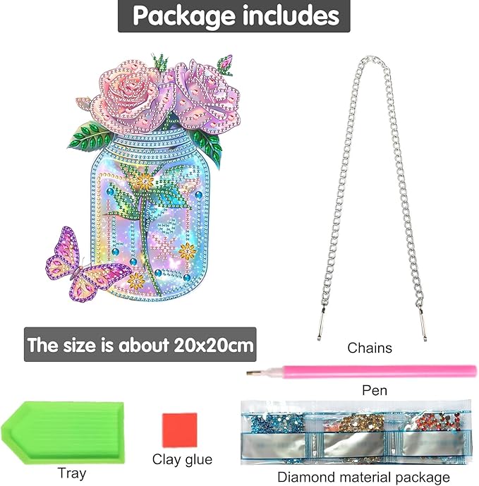 Bimkole Rose Diamond Art Hanging Kit for Adult, DIY 5D Vases Diamond Art Painting Window Pendant, Acrylic Crystal Art Hanging Ornament for Wall Home Garden Front Door Decor - 7.8x7.8 Inch