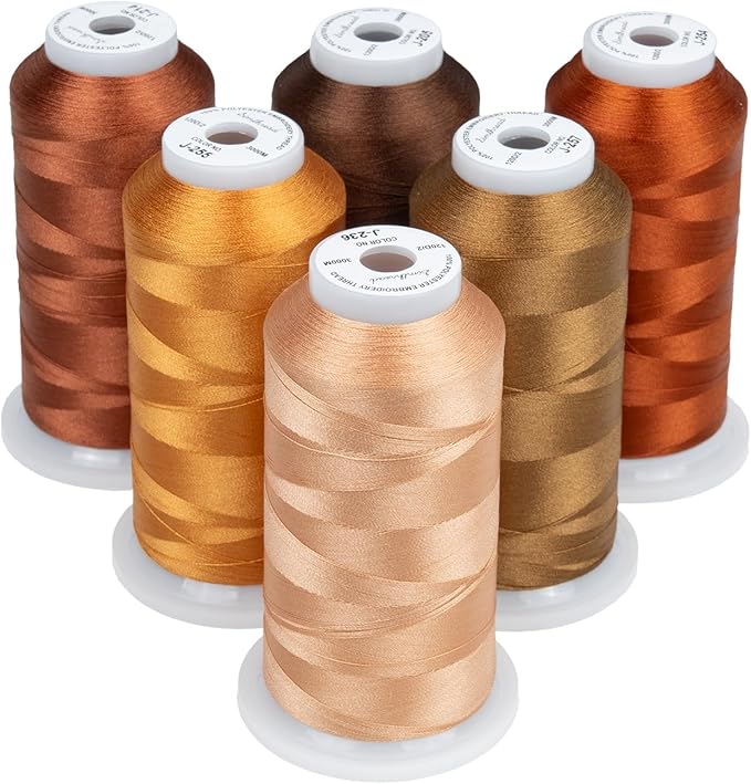 Simthread 6 Spools Embroidery Thread Set, 3000 Yards 40WT 100% Polyester Trilobal Machine Thread for Professional & Home Use, Compatible with Brother, Singer, Janome & More, Brown Series