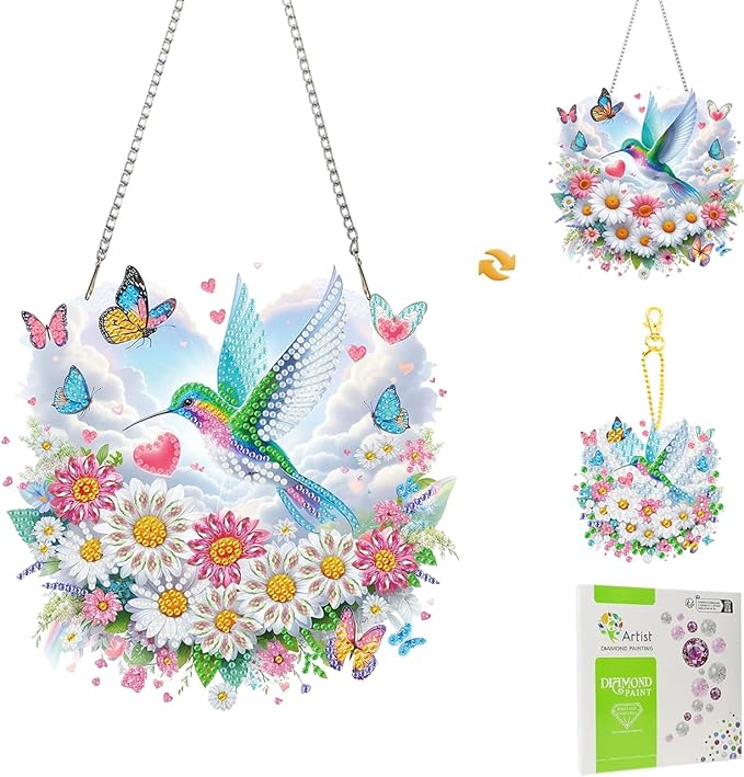 Masendp Hanging Diamond Art Decoration Kit 5D Diamond Painting Kit, DIY Hummingbird and Flower Series Diamond Art Kit Suitable for Beginners and Adults, Home Wall Garden Decoration