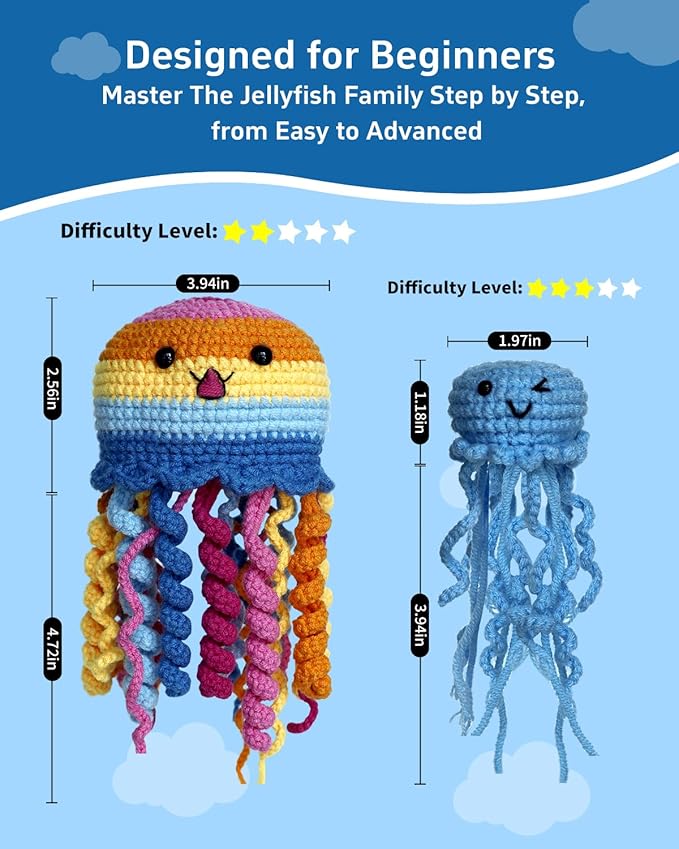 Fortilo Crochet Kit for Beginners 6PCS Crochet Animals Jellyfish Family with Step-by-Step Video Tutorials 30% Extra Yarn, Perfect for Gifts, Emotional Support, Ideal Knitting Kit for Adults, Kids