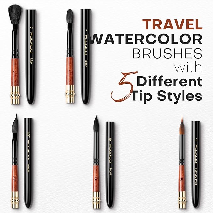 Fuumuui Travel Watercolor Brushes, 5Pcs Professional Plein Air Elegant Natural Squirrel Hair Travel Paint Brush Set with Sable Extended Needle Point Perfect for Watercolor Gouache Ink Painting