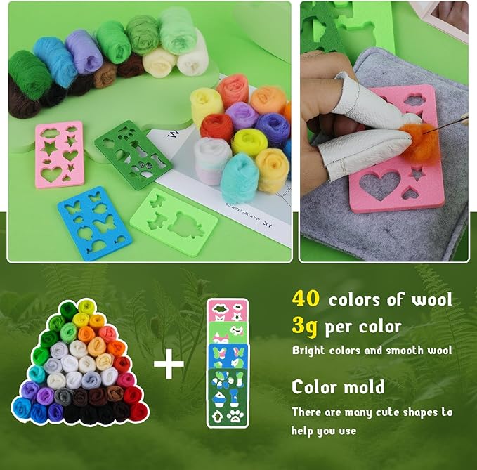 Needle Felting Kit for Beginners, Wool Roving 40 Rolls, Felting Needles, Needle Felting Tools Kit with Spiral, Cone, Triangle Felting Needles,Wool Felting Pad, Felting Supplies