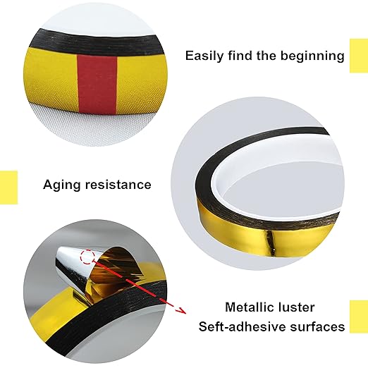 3 Rolls Tape, Self Adhesive Metalized Polyester Film Tape, Washi Tape for Gift Packaging Detailing Accent Walls Graphic Arts for Cars and Boats Trim, 3 Sizes (Gold)