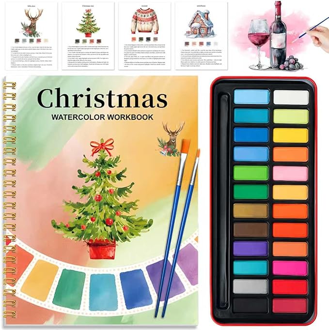 Watercolor Workbook - Coloring Book Beginner Friendly Painting Kit, Watercolor Workbooks for Adults with 24 Colors Paint, Exploration Gift for Adults Teens (Christmas)