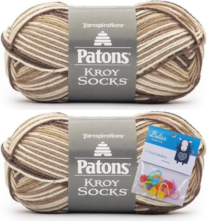 Patons Kroy Socks Yarn 2-Pack Bundle with Bella's Crafts Stitch Markers (Brownies)