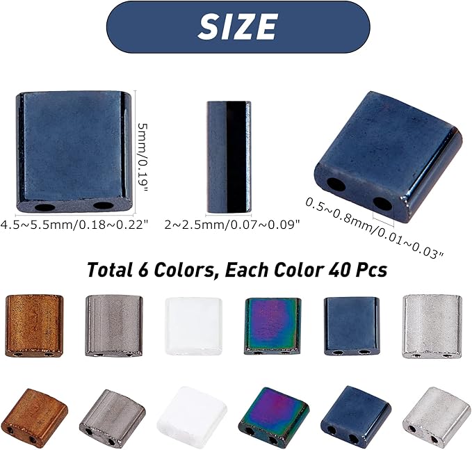 NBEADS 240 Pcs 6 Colors 2-Hole Beads, 5 * 5mm Glass Square Electroplate Seed Beads Pony Japanese for Jewelry Design Necklace Bracelet Earring Making